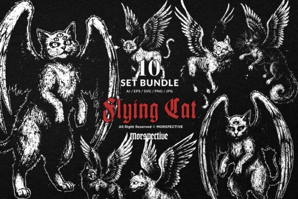 10 Bundle Dark Art Cat Flying Wings