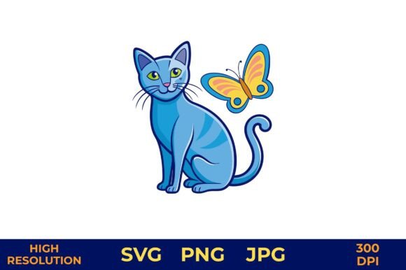 Blue Cat and Butterfly Vector Art