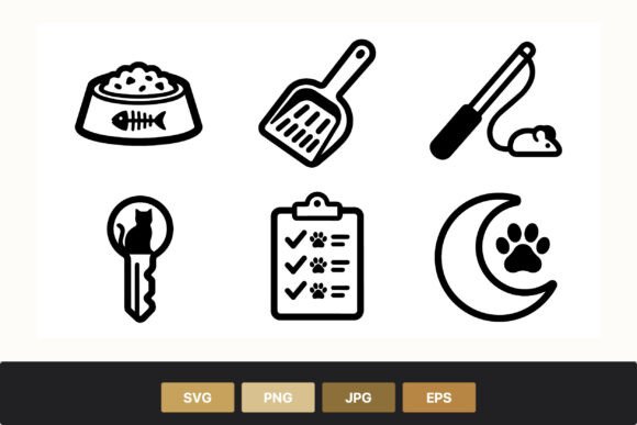 Cat Care Icons Black White Set