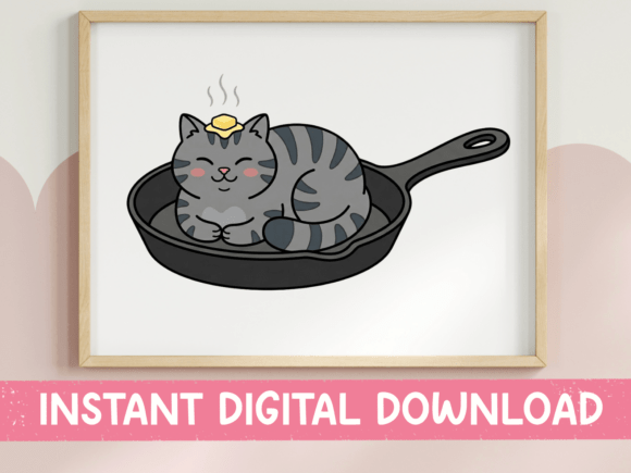 Cat in Cast Iron Skillet Kawaii Design