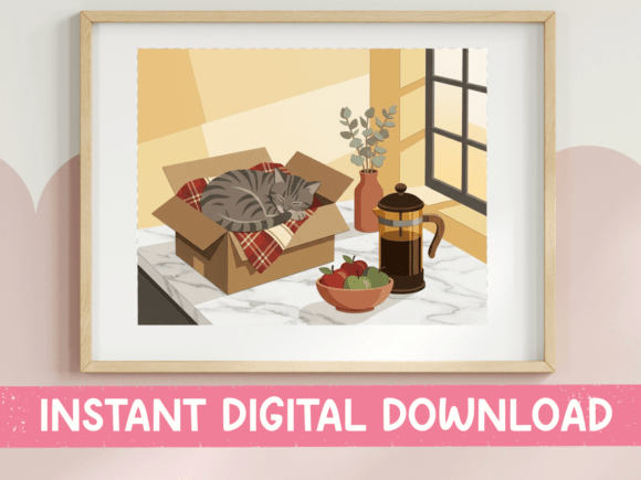 Cat Sleeping in Box Cozy Kitchen Art