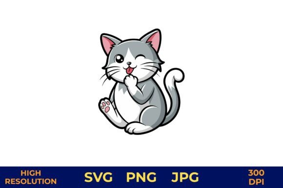 Cute Cartoon Cat Grooming Itself