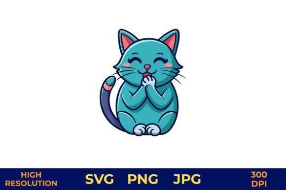 Cute Cartoon Cat Licking Paw in Teal