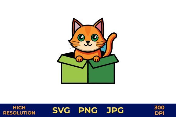 Cute Cartoon Cat Sitting Inside Green