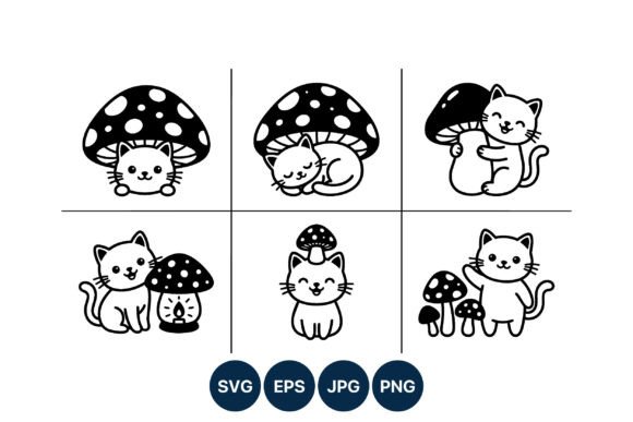 Cute Cat and Spotted Mushroom Black and