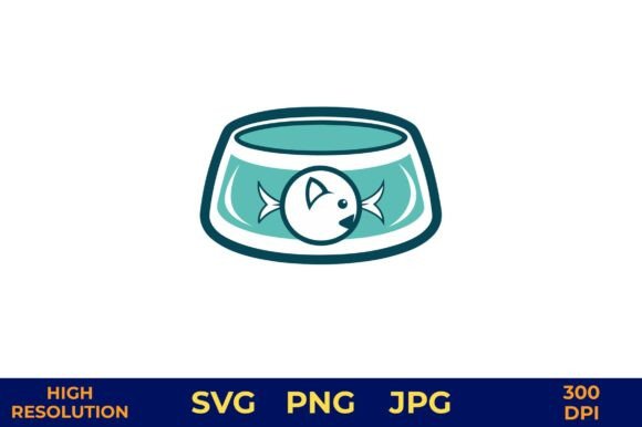 Cute Cat Bowl Vector Fish Logo