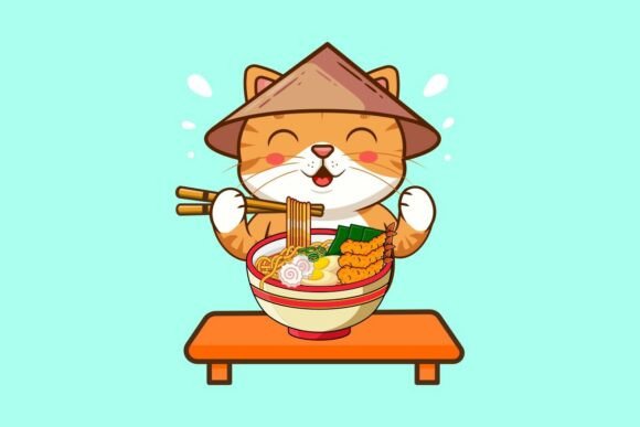 Cute Cat Eating Ramen Noodle Soup