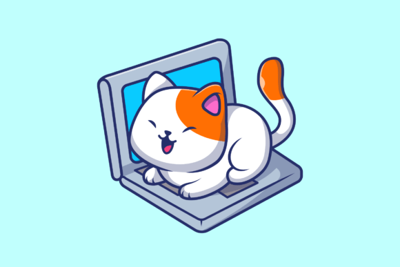 Cute Cat Sitting on Laptop Cartoon
