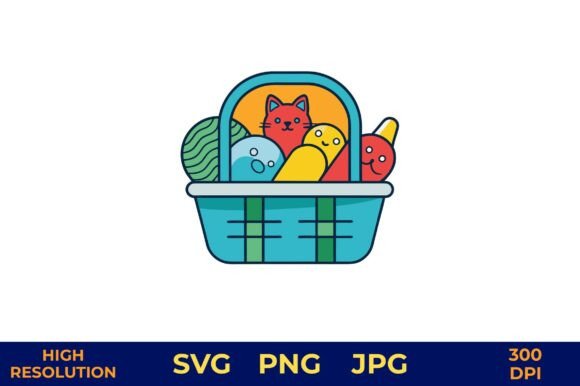 Cute Cat Toys in Colorful Vector Basket