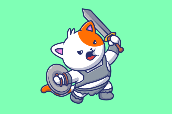 Cute Cat Warrior Holding Sword Cartoon