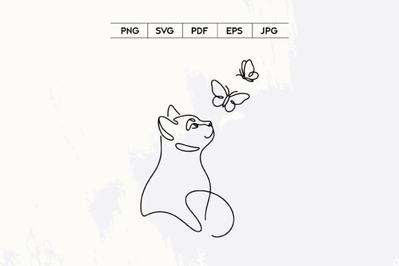 Cute Cat with Butterflies Line Art Design