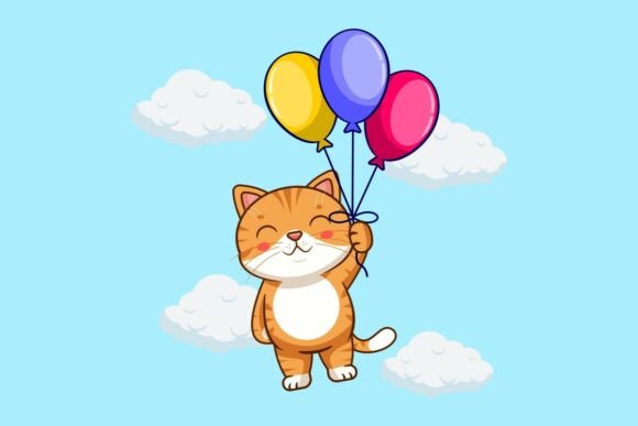 Cute Orange Cat Flying with Balloons