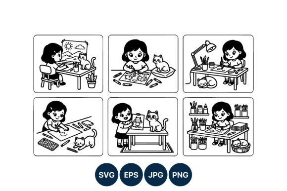 Girl Drawing with Cat Vector Art