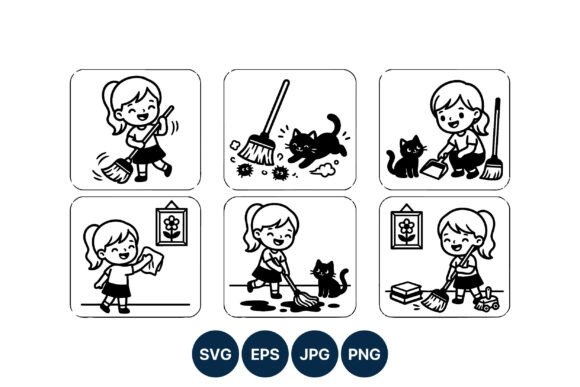 Happy Girl Cleaning with Cat Vector Art