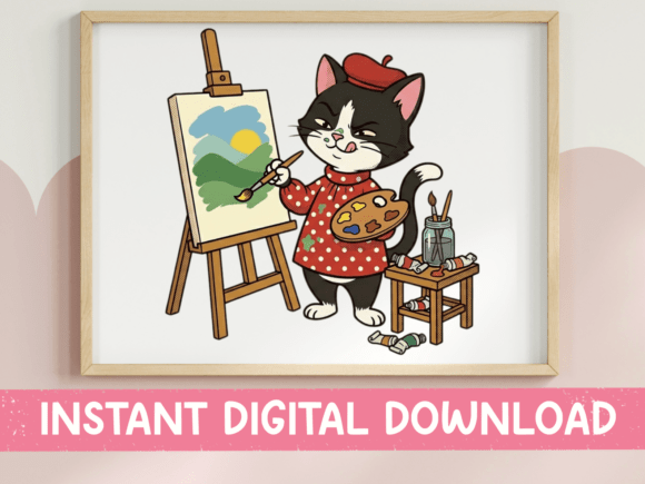 Painter Cat Artist Beret Easel