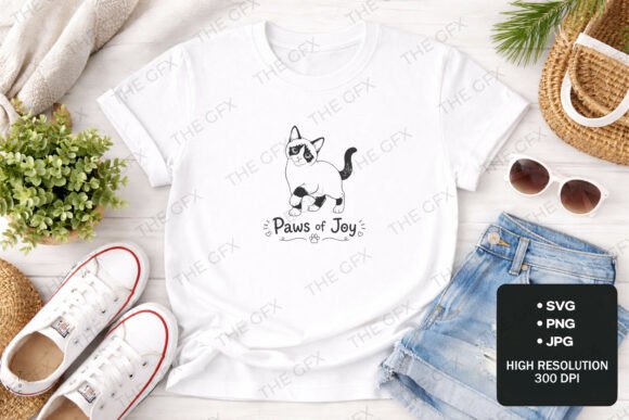 Paws of Joy Cat Line Art T-Shirt Design