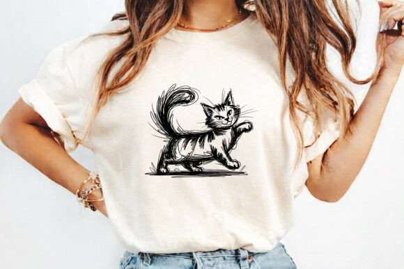 Playful Running Cat Sketch T-Shirt PNG