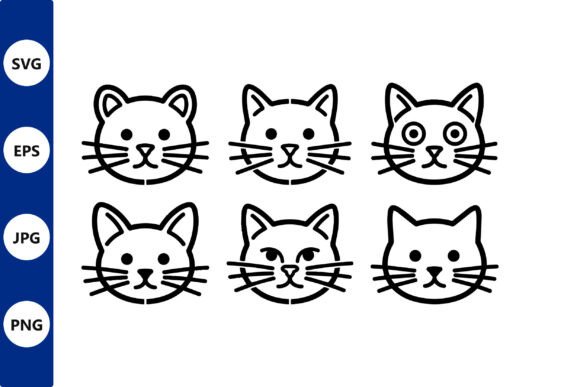 Six Cat Faces Line Art Set