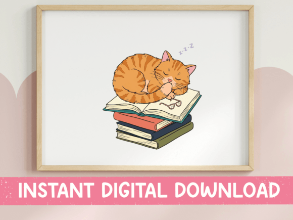 Sleeping Cat on Books Illustration Print