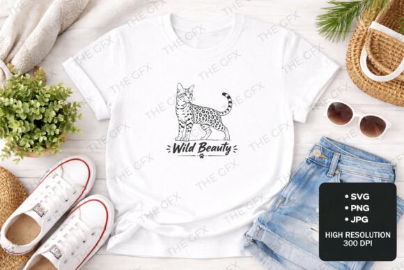 Wild Beauty Cat Line Art T-Shirt Design